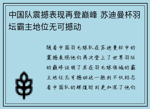 中国队震撼表现再登巅峰 苏迪曼杯羽坛霸主地位无可撼动
